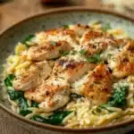 Close-up of a creamy one pot chicken orzo boursin dish with herbs