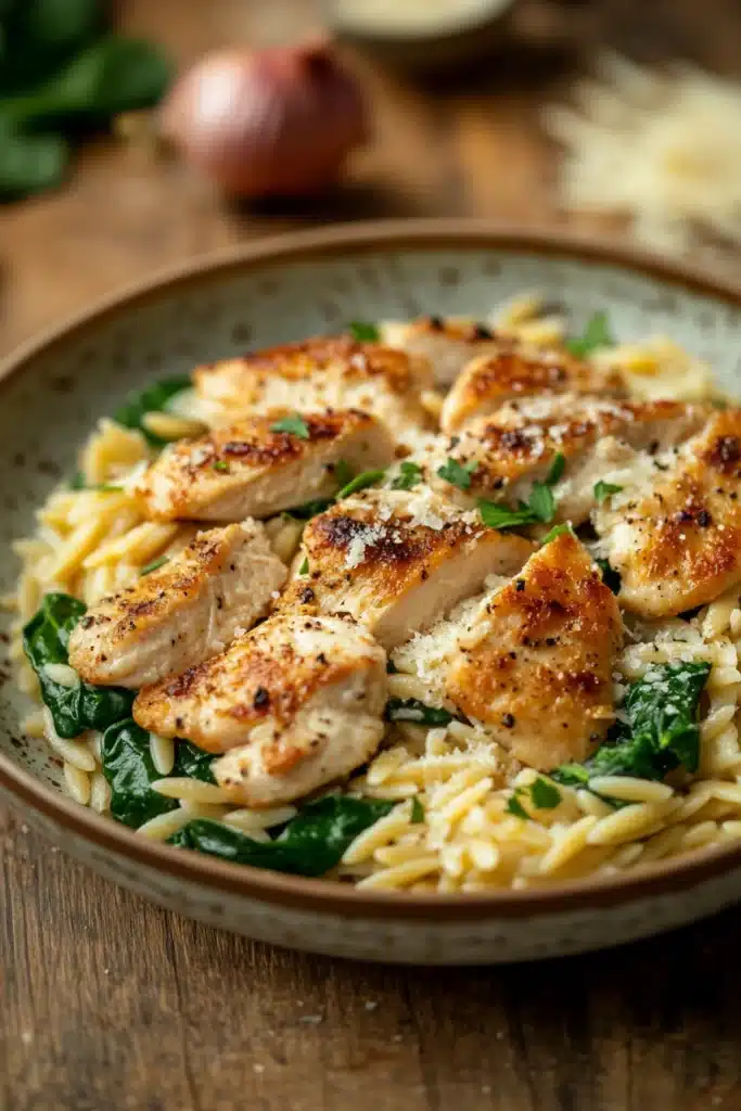 Close-up of a creamy one pot chicken orzo boursin dish with herbs