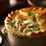 Close-up of a golden brown chicken pot pie with flaky crust and creamy filling.