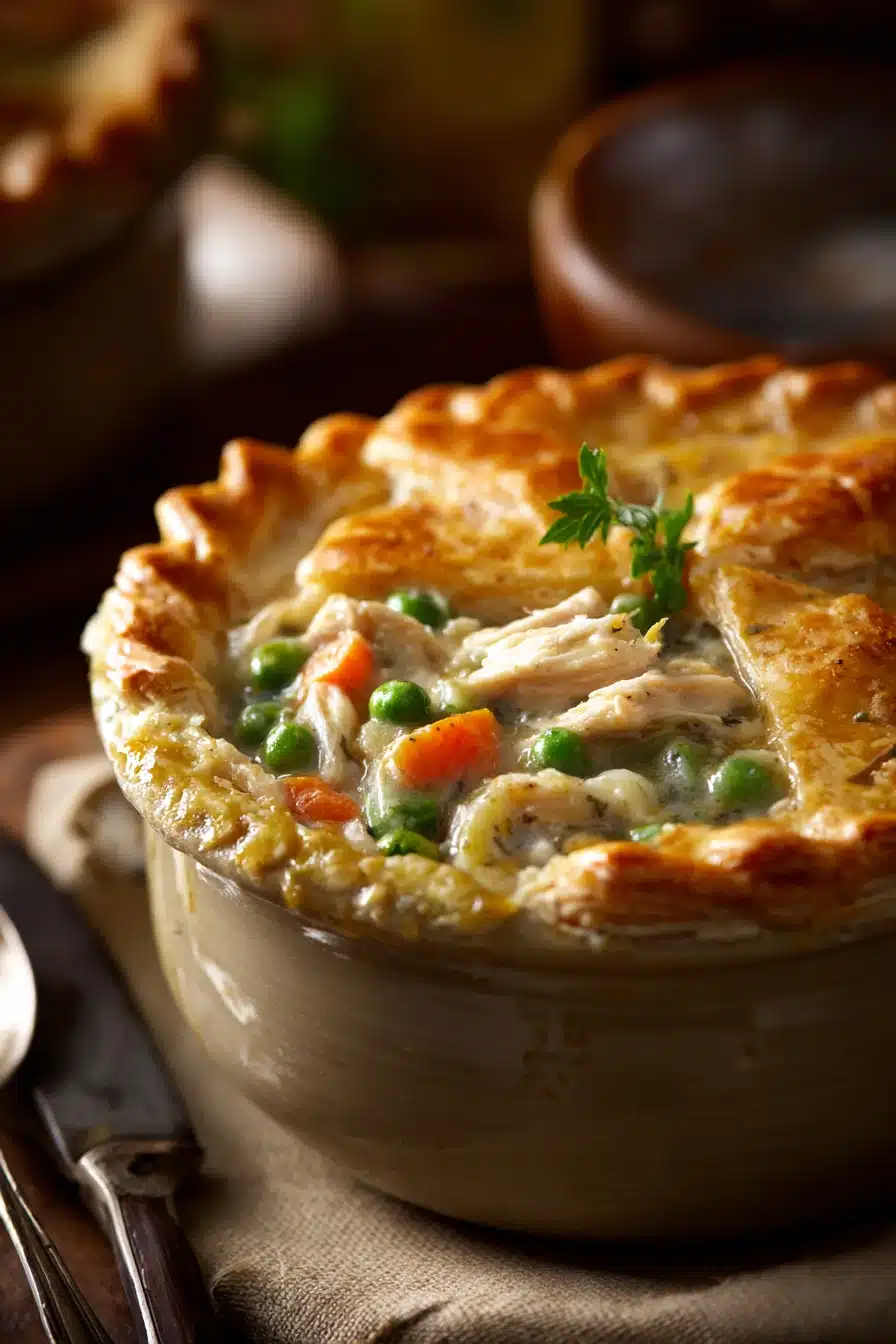 Close-up of a golden brown chicken pot pie with flaky crust and creamy filling.