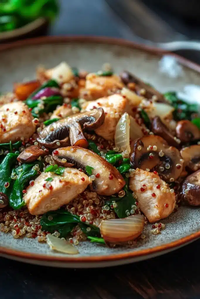 Close-up of one pot chicken quinoa with mushrooms and spinach in a bright setting
