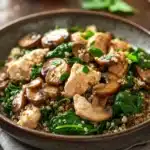 Close-up of one pot chicken quinoa with mushrooms and spinach in a bright setting