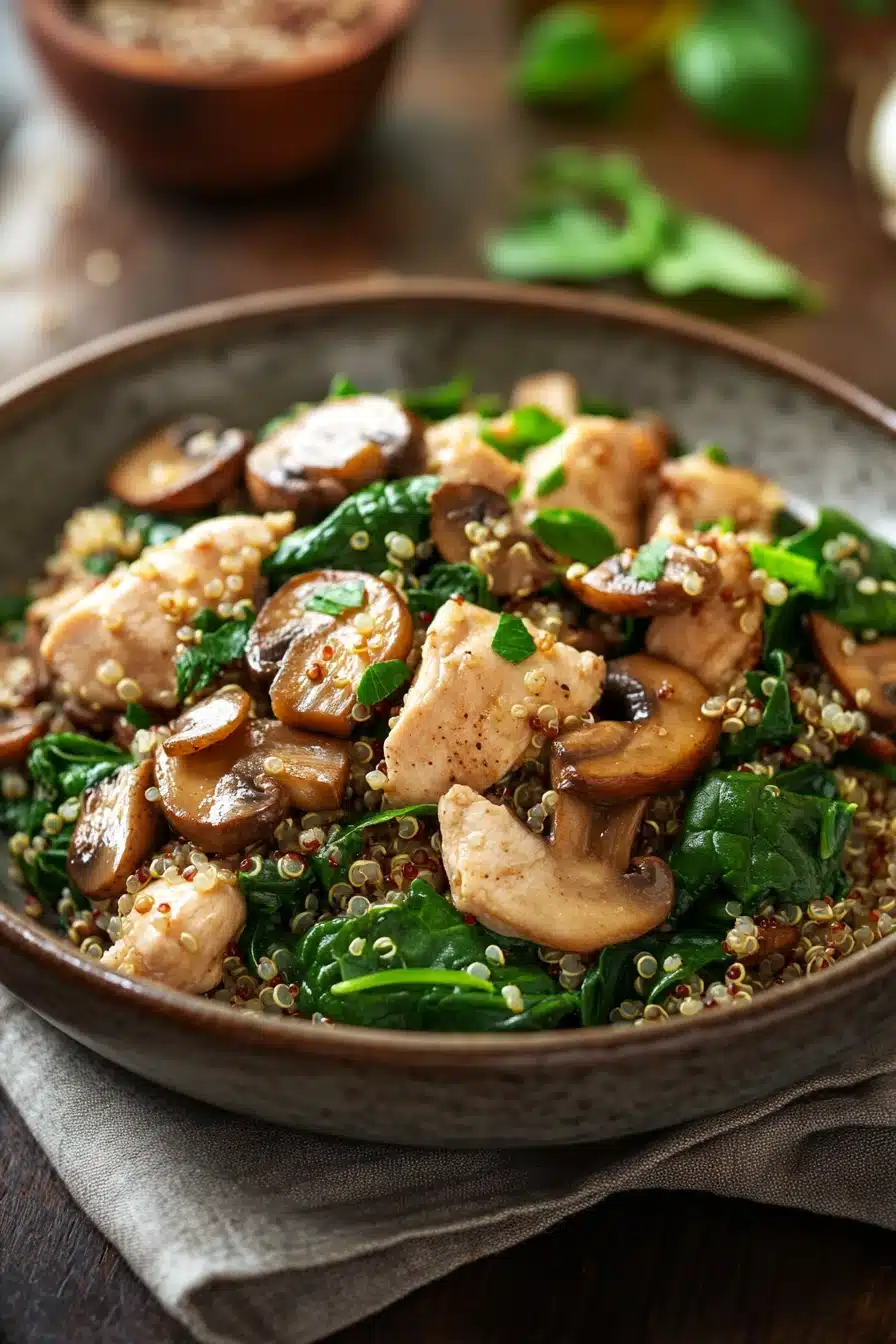 Close-up of one pot chicken quinoa with mushrooms and spinach in a bright setting