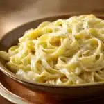Close-up of creamy fettuccine pasta in a white sauce with herbs