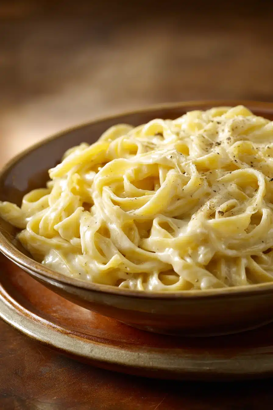 Close-up of creamy fettuccine pasta in a white sauce with herbs