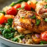 Close-up of one pot garlic butter chicken and quinoa with creamy sauce