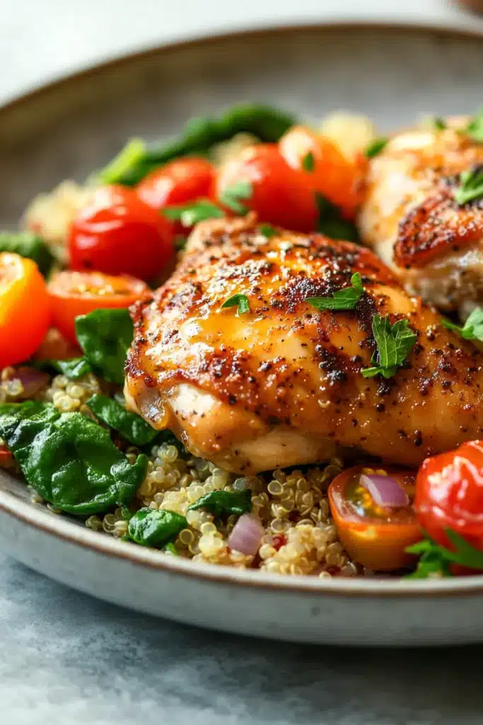 Close-up of one pot garlic butter chicken and quinoa with creamy sauce