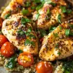 Close-up of one pot garlic butter chicken and quinoa with a warm, inviting presentation.