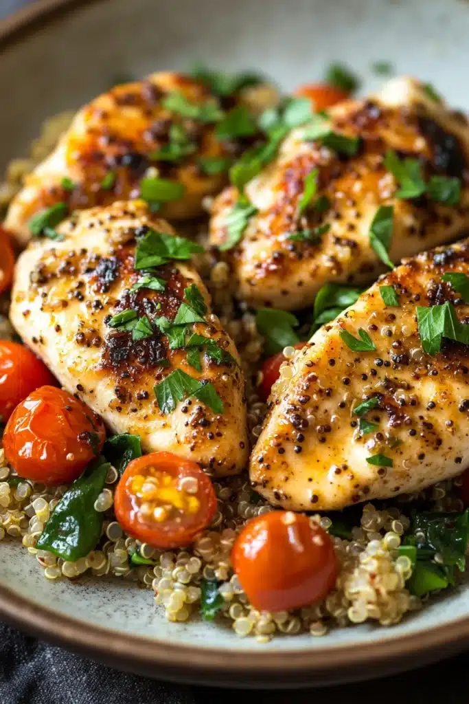 Close-up of one pot garlic butter chicken and quinoa with a warm, inviting presentation.