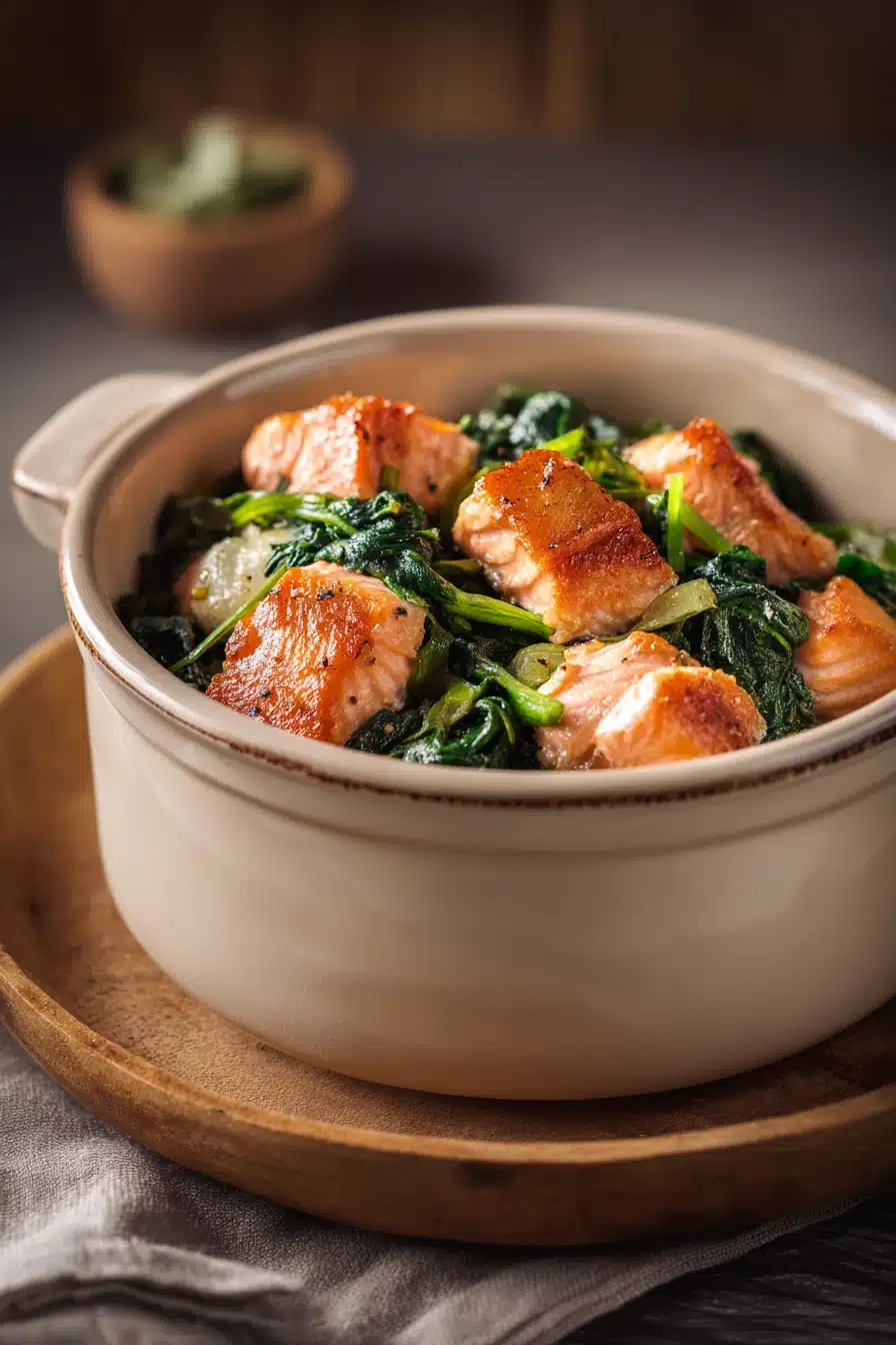 Close-up of creamy pasta with spinach in a white bowl, showcasing a one pot lachs spinat dish.