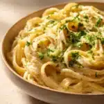 Close-up of creamy one pot pasta alfredo with parsley garnish