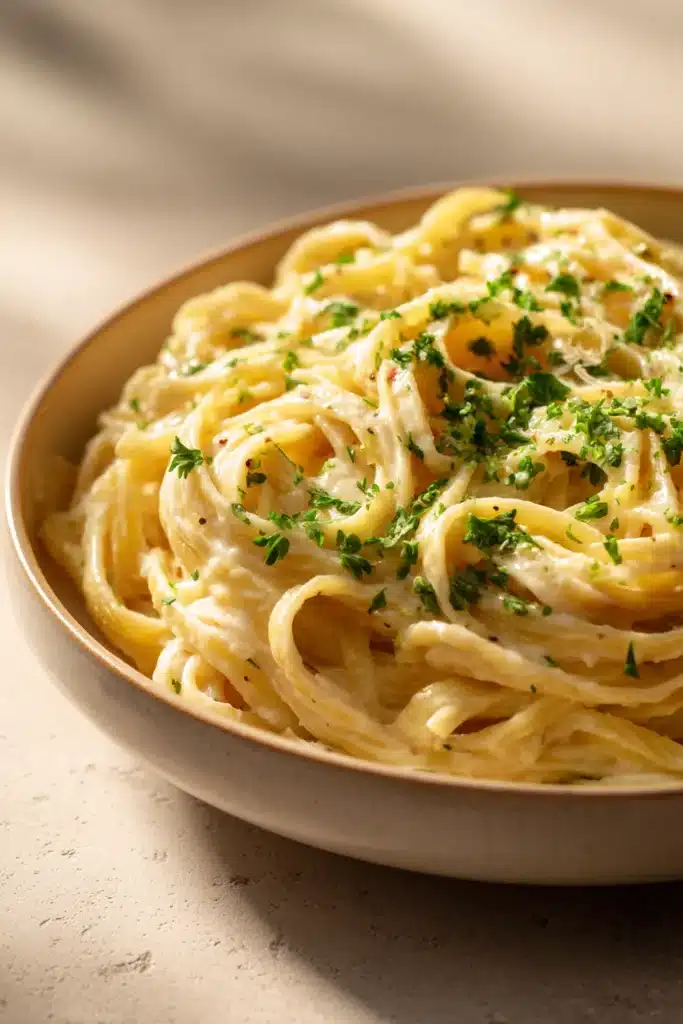 Close-up of creamy one pot pasta alfredo with parsley garnish