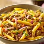 Close-up of one pot pasta with ground beef in a bright, minimal setting.