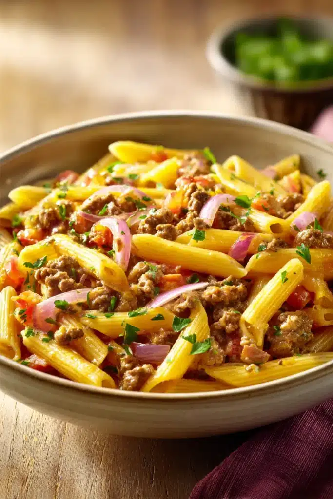 Close-up of one pot pasta with ground beef in a bright, minimal setting.
