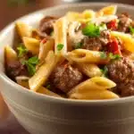 Close-up of one pot pasta beef with visible sauce and beef chunks in a bright setting.