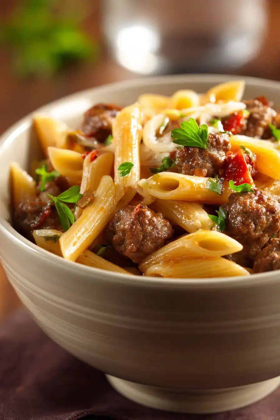 Close-up of one pot pasta beef with visible sauce and beef chunks in a bright setting.