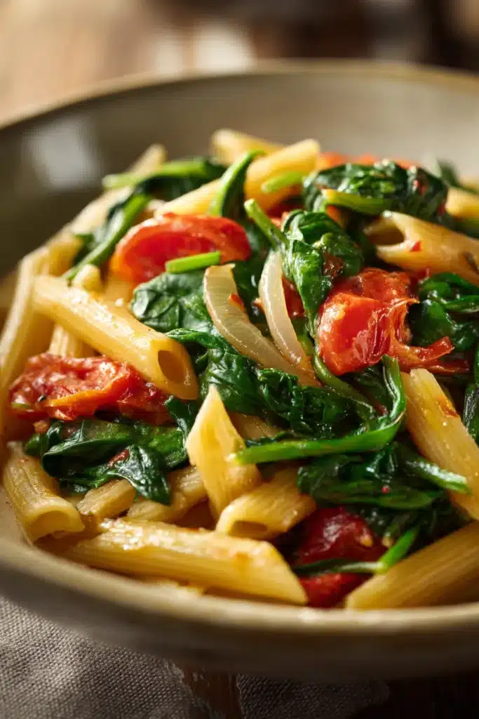 Close-up of one pot pasta with spinach and tomatoes in bright natural lighting