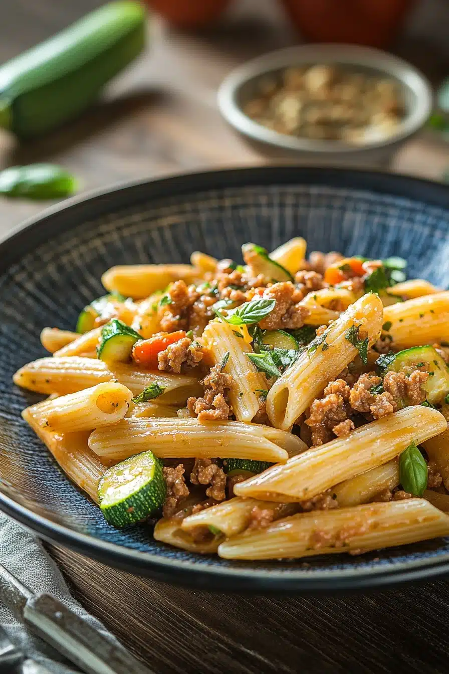 Close-up of one pot pasta with zucchini and hackfleisch in a creamy sauce