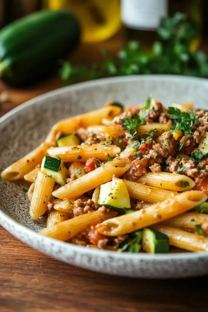 Close-up of one pot pasta with zucchini and meat in a bright, warm setting.