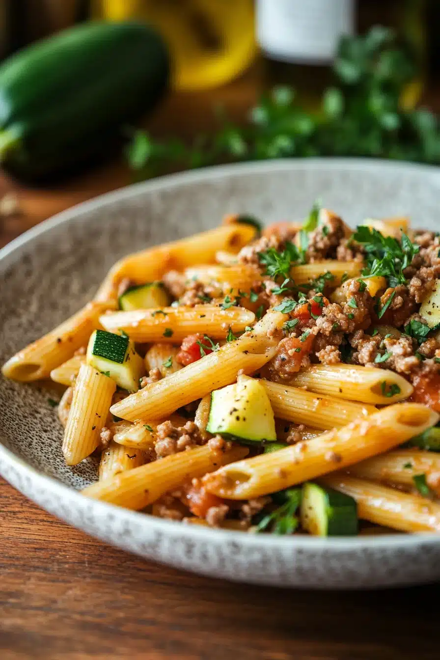 Close-up of one pot pasta with zucchini and meat in a bright, warm setting.