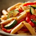 Close-up of one pot pasta with zucchini and paprika, garnished with herbs