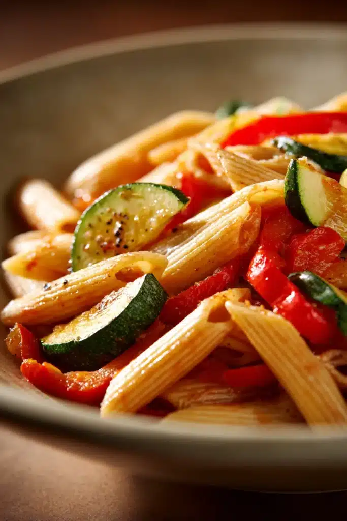 Close-up of one pot pasta with zucchini and paprika, garnished with herbs