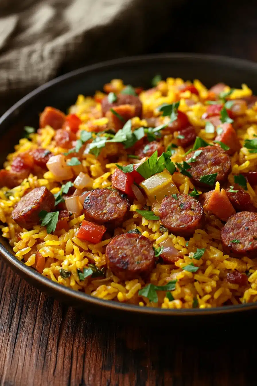 Close-up of one pot sausage and yellow rice with vibrant colors and clear textures.