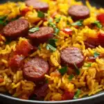 Close-up of one pot sausage and yellow rice with vibrant colors and appetizing textures.