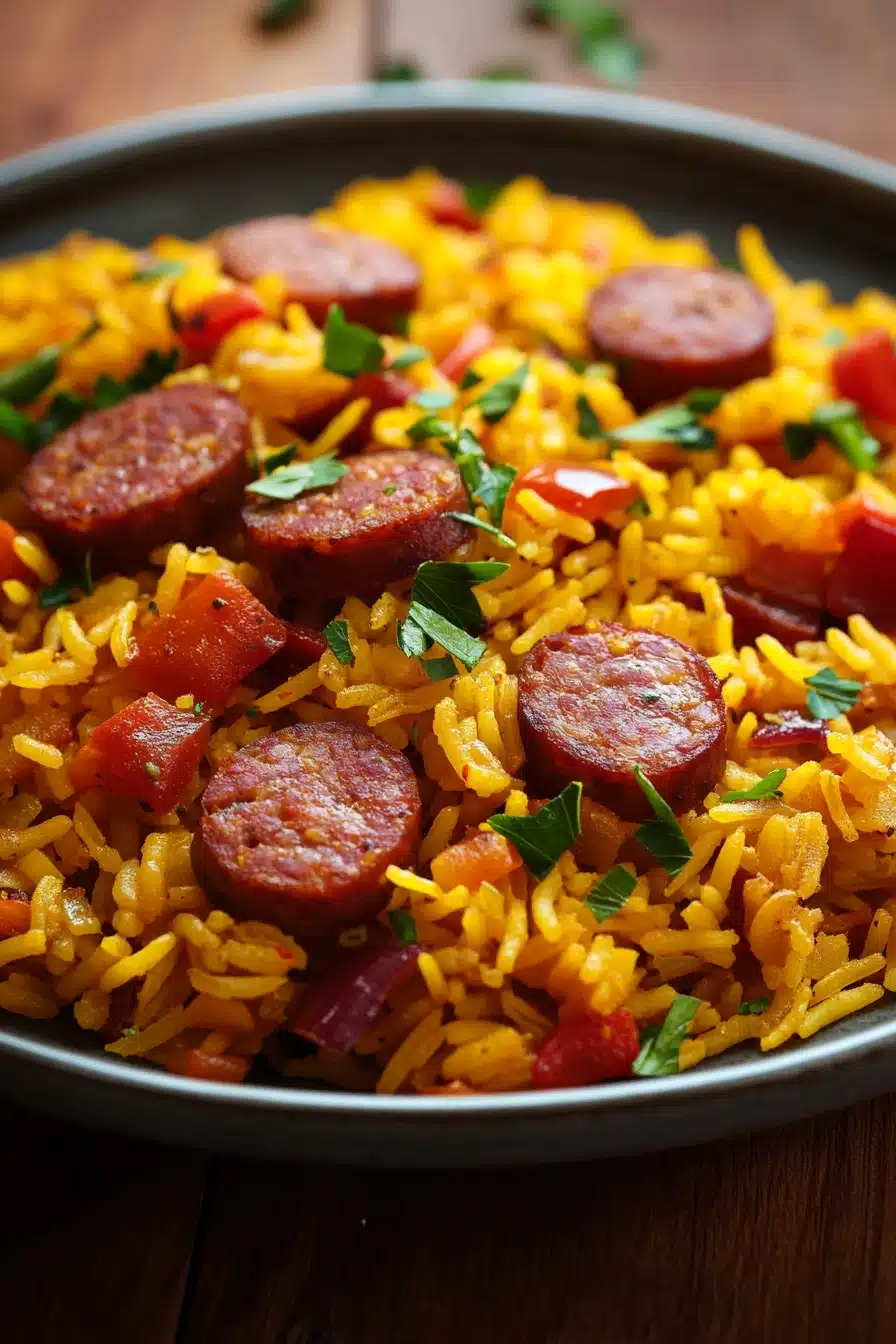 Close-up of one pot sausage and yellow rice with vibrant colors and appetizing textures.