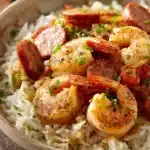 Close-up of one pot sausage shrimp and rice with vibrant colors and appetizing textures.