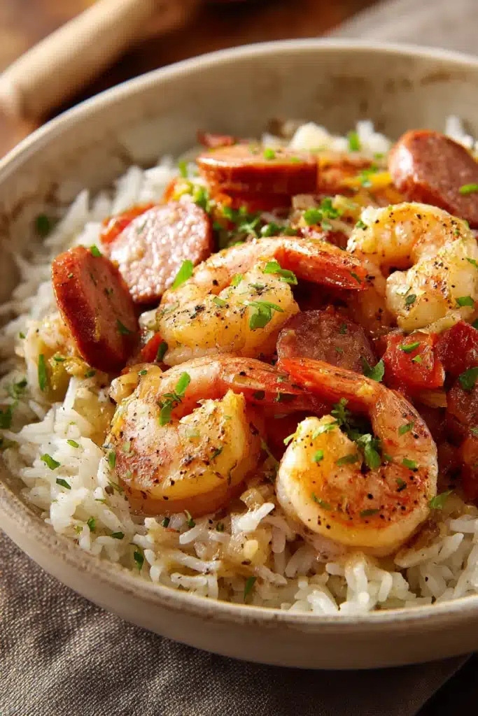 Close-up of one pot sausage shrimp and rice with vibrant colors and appetizing textures.