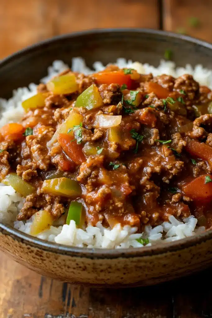 Close-up of one pot sloppy joe ground beef and rice with bright natural lighting