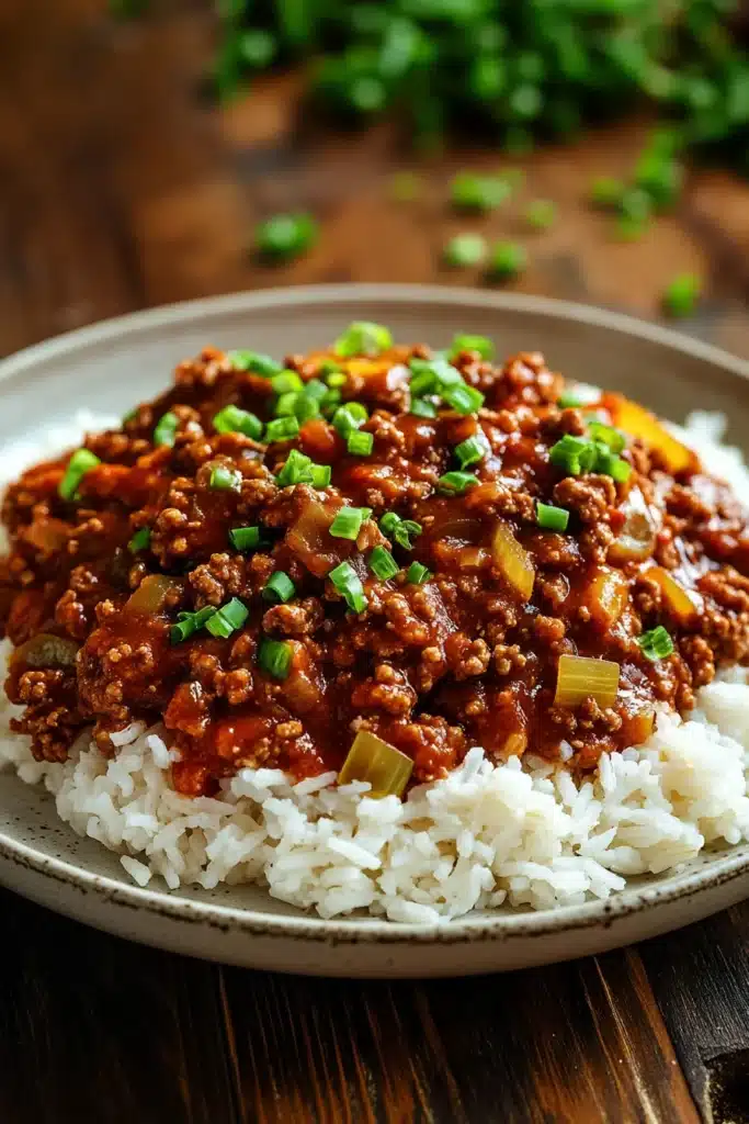 Close-up of one pot sloppy joe ground beef and rice with bright lighting and clean background