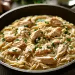 Close-up of one skillet creamy lemon chicken orzo with bright natural lighting