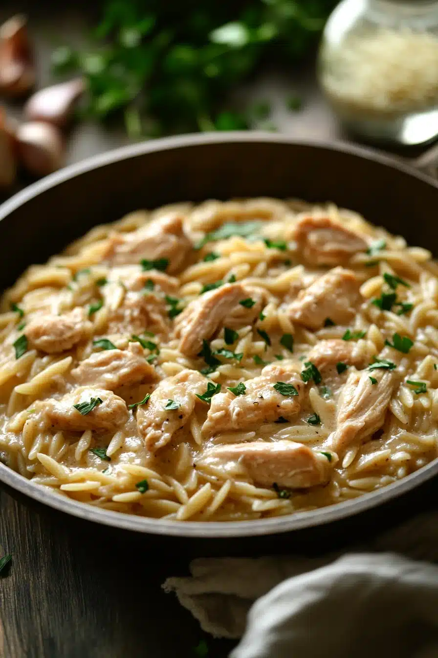 Close-up of one skillet creamy lemon chicken orzo with bright natural lighting
