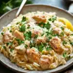 Close-up of one skillet creamy lemon chicken orzo with bright natural lighting