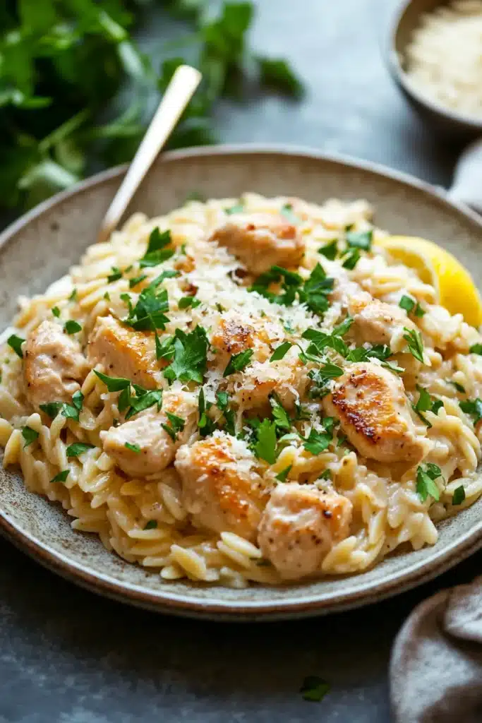 Close-up of one skillet creamy lemon chicken orzo with bright natural lighting