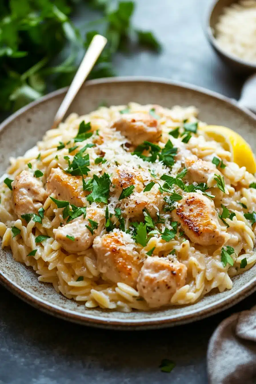 Close-up of one skillet creamy lemon chicken orzo with bright natural lighting