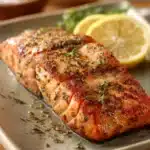 Close-up of pan-fried sockeye salmon with crispy skin and a hint of herbs on a white plate.