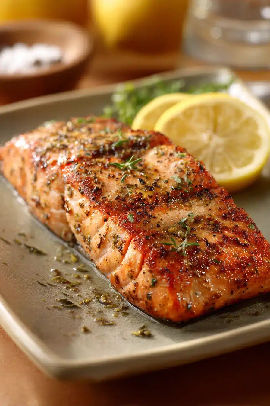 Close-up of pan-fried sockeye salmon with crispy skin and a hint of herbs on a white plate.