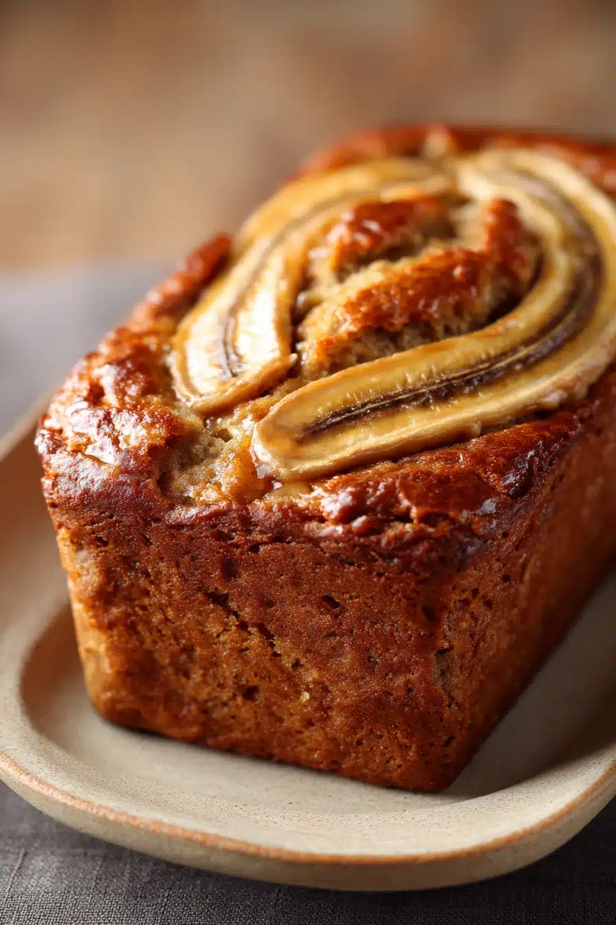 Close-up of peanut butter banana bread with a golden crust and soft texture.