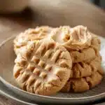 Close-up of a peanut butter cookie with creamy frosting on a clean background.