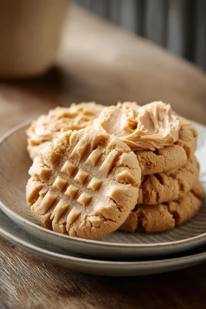 Close-up of a peanut butter cookie with creamy frosting on a clean background.