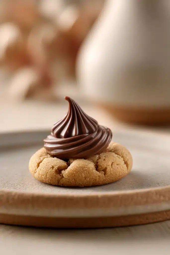 Close-up of peanut butter cookies topped with Hershey kisses on a minimal background.
