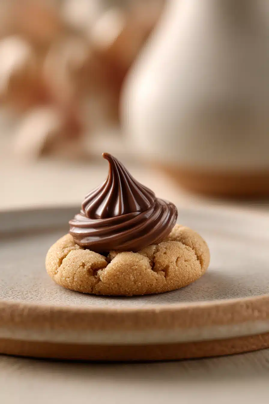 Close-up of peanut butter cookies topped with Hershey kisses on a minimal background.
