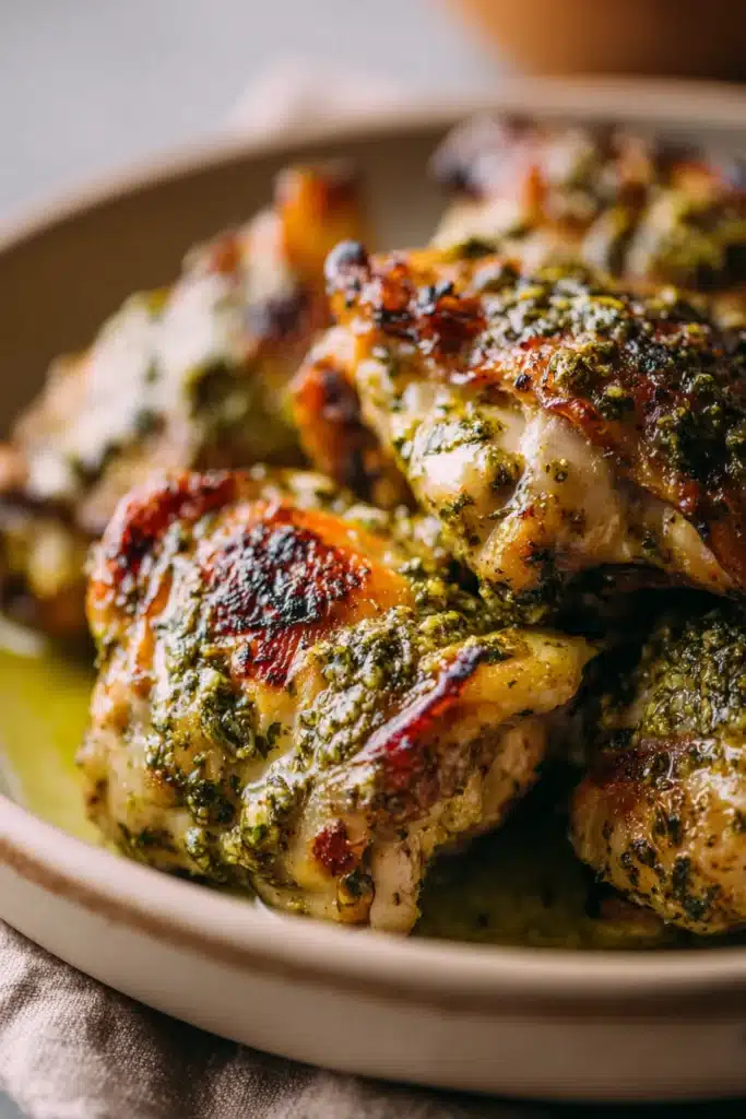 Close-up of pesto chicken thigh cooked in an air fryer with a golden crispy finish.