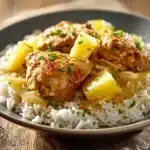 Close-up of Pineapple Chicken and Rice with vibrant colors and appetizing presentation.