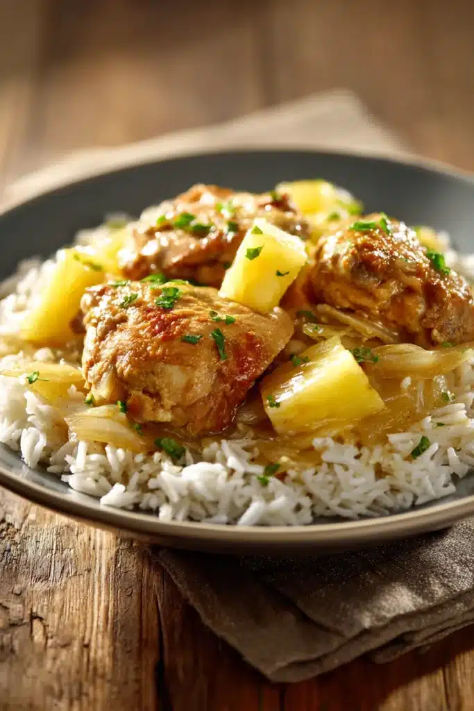 Close-up of Pineapple Chicken and Rice with vibrant colors and appetizing presentation.