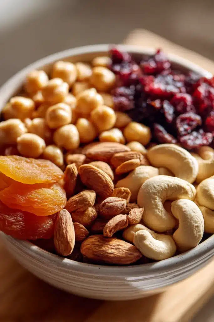 Close-up of a colorful, protein packed snack prep with fresh vegetables and grains