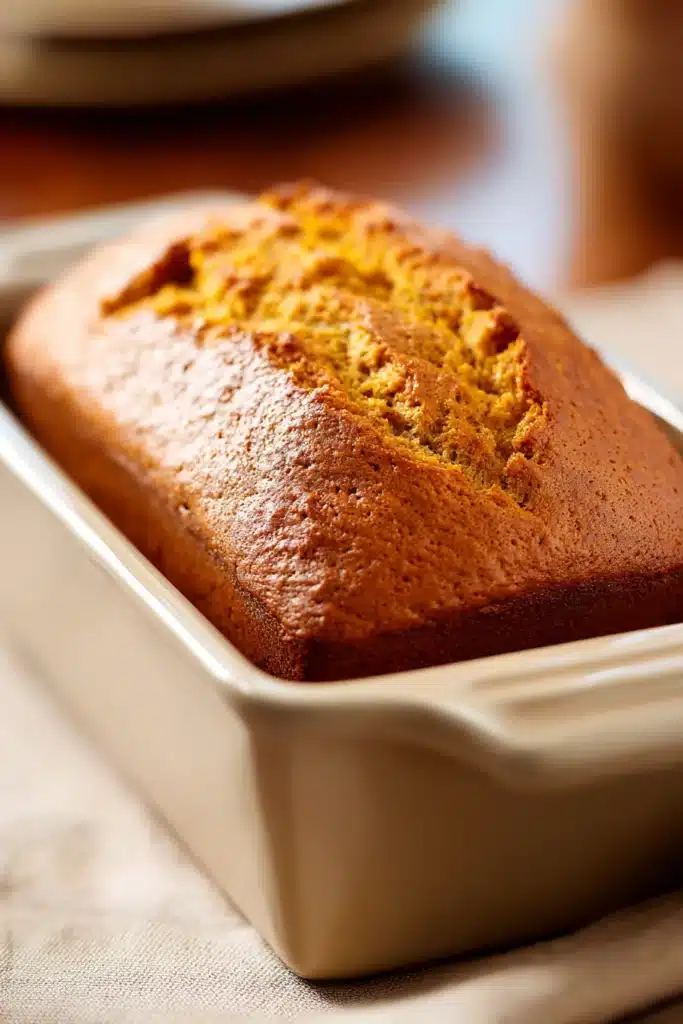 Close-up of freshly baked pumpkin bread in a bread machine with a clean background.
